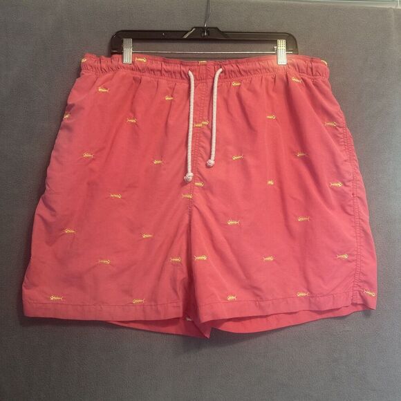 J. McLaughlin Swim Trunks Lined Mens XL Pink Fish Embroidered Summer Preppy - Picture 1 of 14